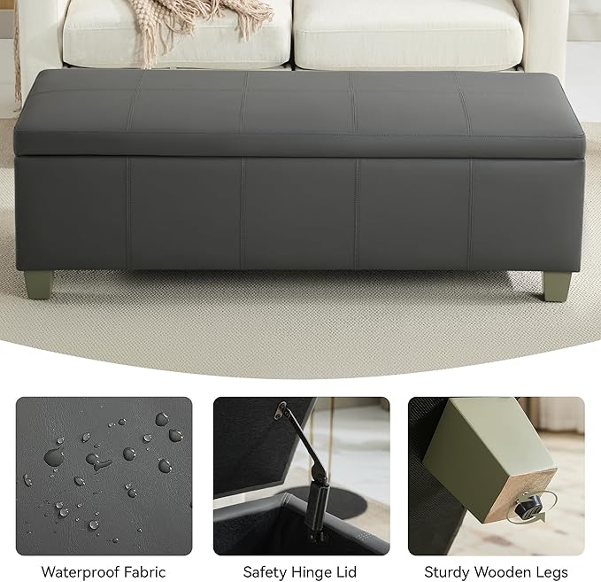 51" Faux Leather Storage Ottoman, Stitch Tufted Rectangle Upholstered End of Bed Storage Bench, Entryway Large Couch Ottoman with Wooden Legs,Dark Grey