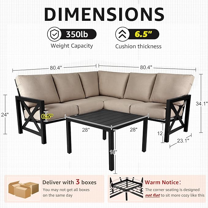 NATURAL EXPRESSIONS 6 Pieces Patio Furniture Sets,Outdoor Furniture Sets Metal Patio L Shape Sectional Couch Sofa Conversation Sets with 6.5" Shale Cushions,HighBack Hand-Brush Black Frame