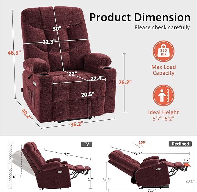 MCombo Power Lift Recliner Chair with Extended Footrest for Elderly People, Fabric 7283 (Burgundy, Large)