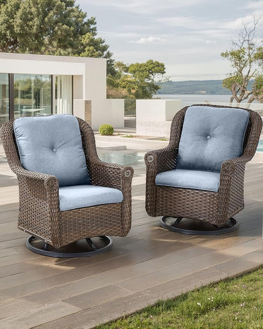 Patio Chairs Outdoor Swivel Glider - Set of 2 High Back Outside Brown Wicker Rattan Rocking Chair with Thick Cushion for Porch Apartment Deck Yard Poolside Garden - Baby Blue