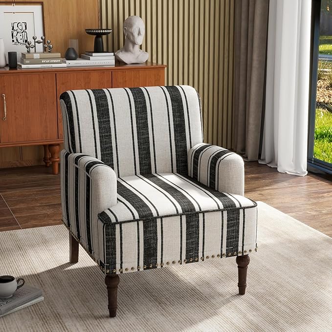 UIXE Stripe Accent Chair, Modern Upholstered Armchair in Fabric for Living Room, Nailhead Trim Club Arm Chair Comfy Single Sofa Bedroom Reading Seat with Wood Legs - Black