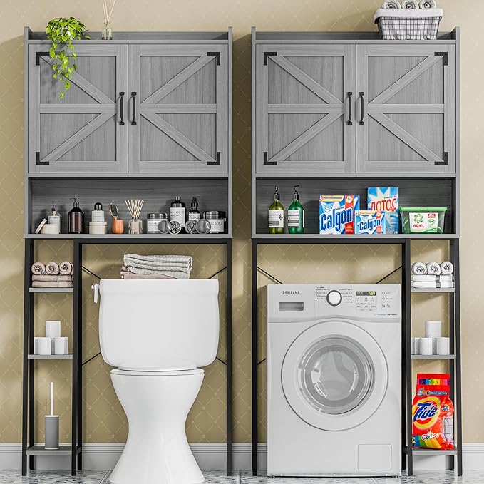 Vabches Over The Toilet Storage Cabinet, Farmhouse Storage Cabinet Over Toilet with Barn Doors & Toilet Paper Holder Stand,Home Space-Saving Toilet Rack, for Restroom/Laundry and Bathroom