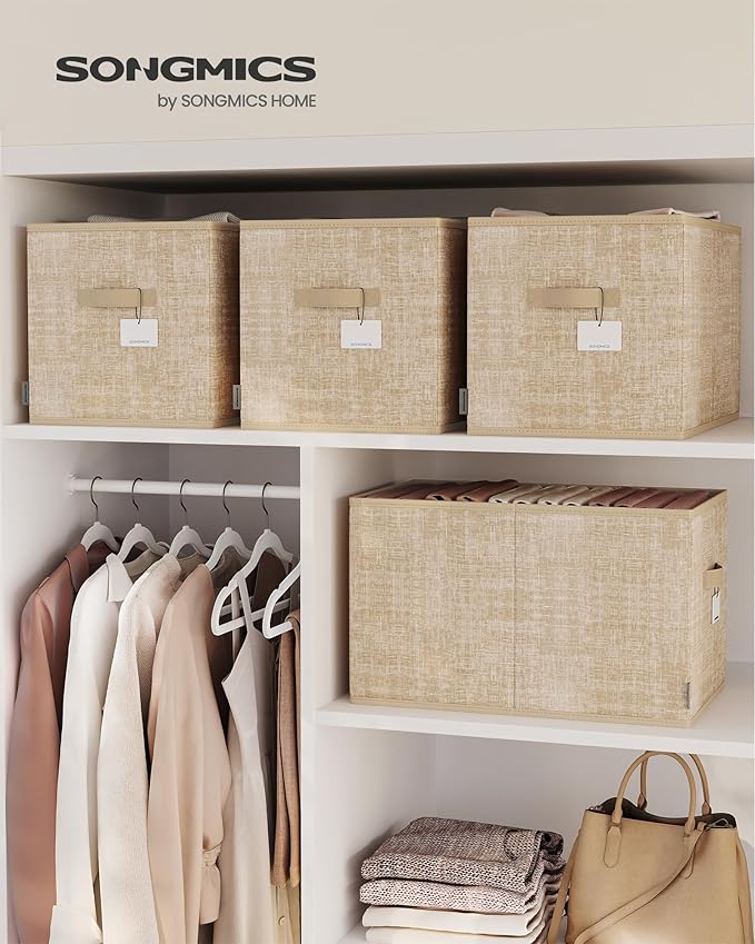 SONGMICS Storage Cubes, 19.7 x 11.8 x 11.8 Inches Non-Woven Fabric Bins with Double Handles, Set of 3, Closet Organizers for Shelves, Foldable, for Clothes, Sand Beige UROB450K01