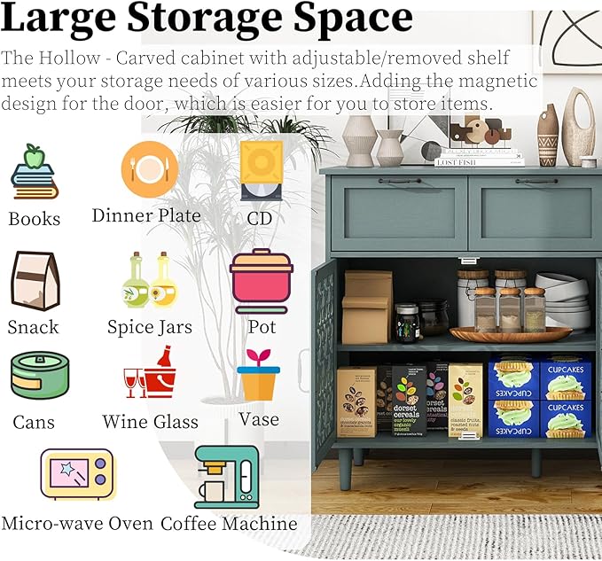 Kitchen Storage Cabinet with Drawers - Accent Cabinet with Carved Door, Floor Sideboard Buffet with Storage, Small Wood Credenza for Living Room, Dining Room, Entryway, Green