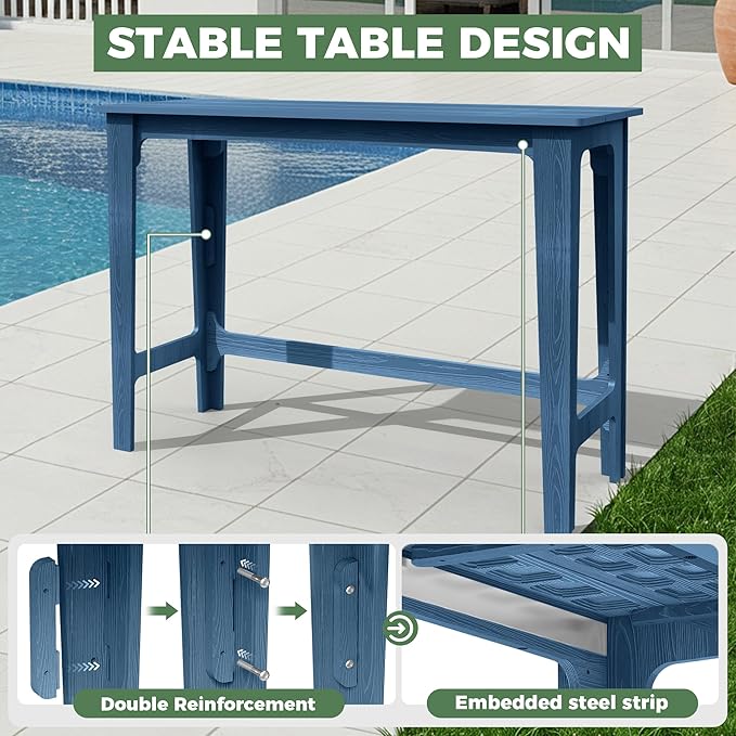 HDPE Outdoor Patio Bar Set with High Top Table and 2 Adirondack Chairs, All-Weather Bar Height Outside Rectangular Pub Furniture for Bistro, Garden, Backyard, Deck | 3-Pieces, Navy Blue