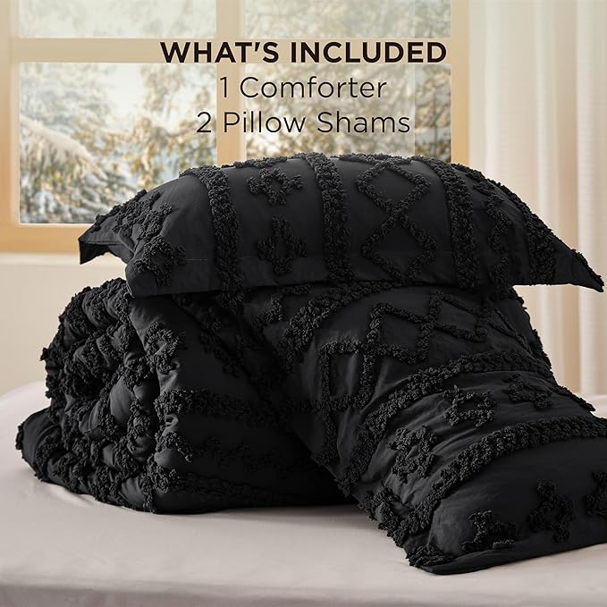 Bedsure Tufted Boho Comforter Set Queen Size - Black Boho Bed Set, GentleSoft™ 3 Pieces Farmhouse Shabby Chic Embroidery Bedding, Gifts for Woman, Soft Jacquard Queen Comforter for All Seasons