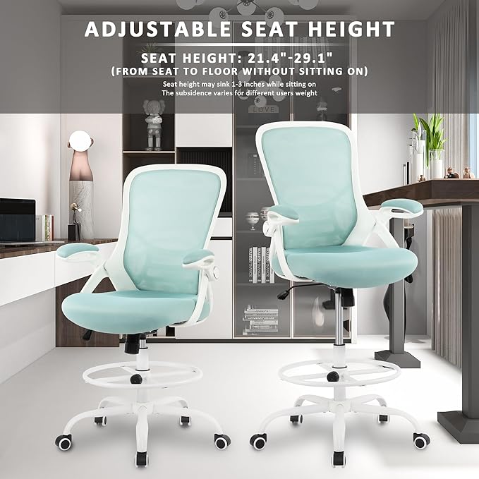 HYLONE Drafting Chair Tiffany Blue, Tall Office Chair Standing Desk Stool with Adjustable Height, Foot Ring, Flip-Up Arms, Mesh High-Back Office Chair, White