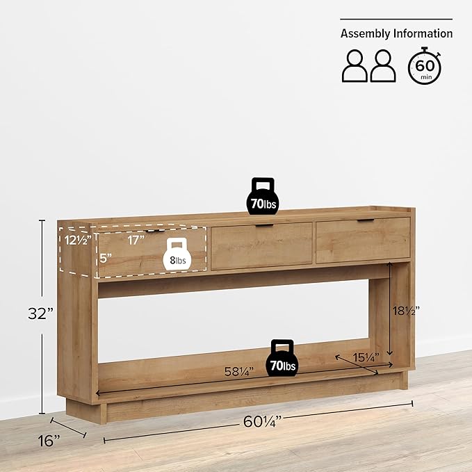 Prepac Natural Oak Simply Modern Entryway Table, Narrow Console Table with 3 Drawers, Media Console with Storage, 15.75" D x 60.25" W x 32" H
