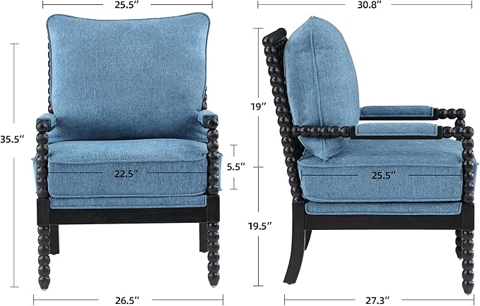 DUHOME Linen Fabric Spindle Accent Chairs Set of 2 with Wood Frame,Modern Accent Spool Chairs with Padded Spring Seat and Brushed Blue Base for Living Room Bedroom Farmhouse Home Office Belcony