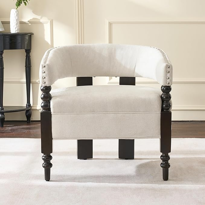 LOULENS Barrel Accent Chair, Vintage Chenille Upholstered Lounge Chair with Solid Wood Legs, Comfy Leisure Side Armchair for Living Room, Bedroom, Reading Nook, Corner, Beige