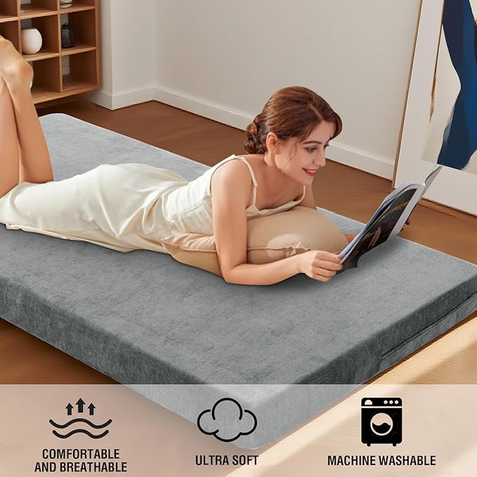 H.VERSAILTEX Queen Size Armless Futon Mattress Covers for Traditional Japanese Futon Mattress Soft Chenille Couch Slipcovers Floor Mats Sofa Protector Zippered Sleeper Sofa Cover,Grey