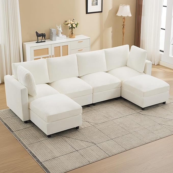4-Seater Modular Sectional Cloud Sofa with 2 Ottomans, U-Shaped Couch for Living Room, Modern Deep Seat Sofa with Soft Back Cushions, Chenille Beige