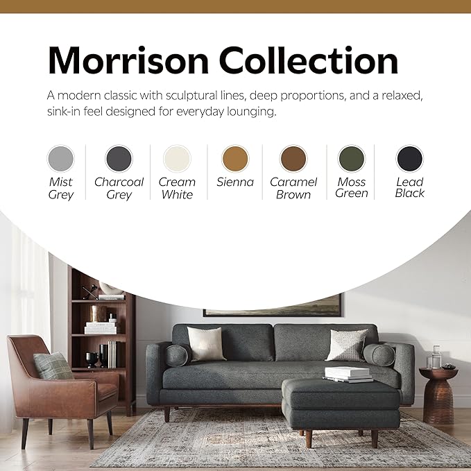 SIMPLIHOME Morrison 89-inch Wide Sofa in Charcoal Grey Woven-Blend Fabric, Handcrafted Mid-Century Modern Couch for Living Room or Family Room, Single Bench Cushion, Bolster Pillows