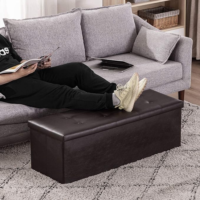 YOUDENOVA 43 Inches Folding Storage Ottoman Bench, Ottoman for Bedroom Living Room and Hallway, 120L Chest Footrest Seat with Divider, Brown