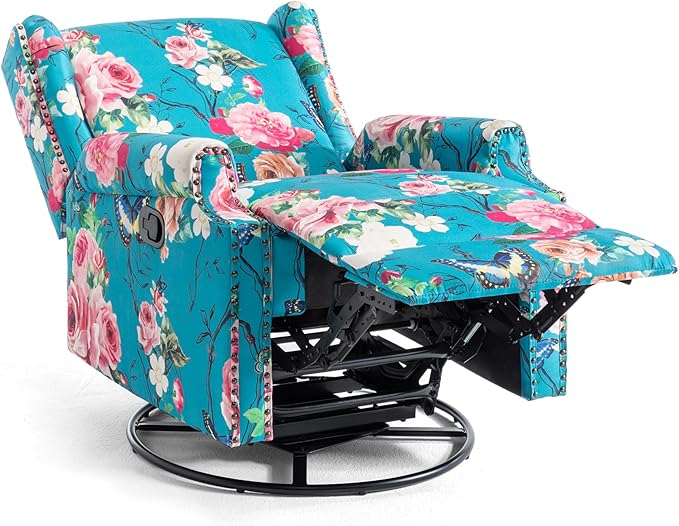 UIXE Swivel Rocker Manual Recliner Chair, Wingback Swivel Glider Fabric Nursery Reclining Sofa Chair, High Back Upholstered Arm Chair for Living Room Bedroom - Peacock Blue