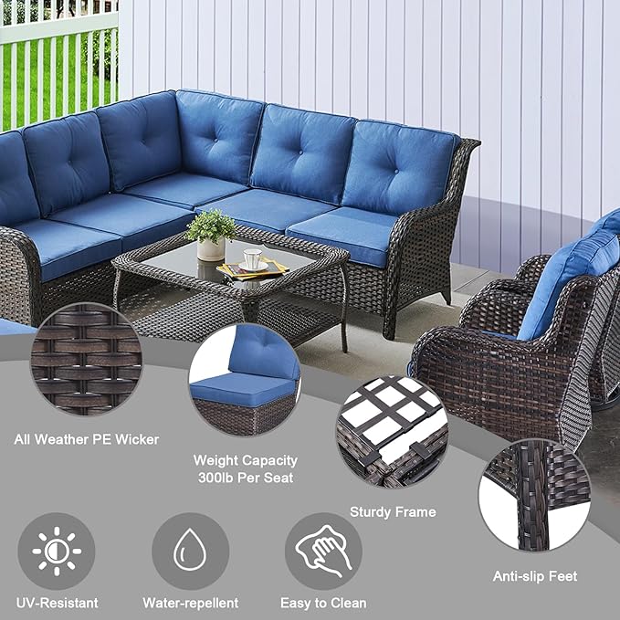 HUMMUH 8 Piece Patio Furniture PE Wikcer Outdoor Furniture Set with Sectional Sofa Swivel Patio Chairs Ottomans and Glass Coffee Table for Yard,Garden,Lawn