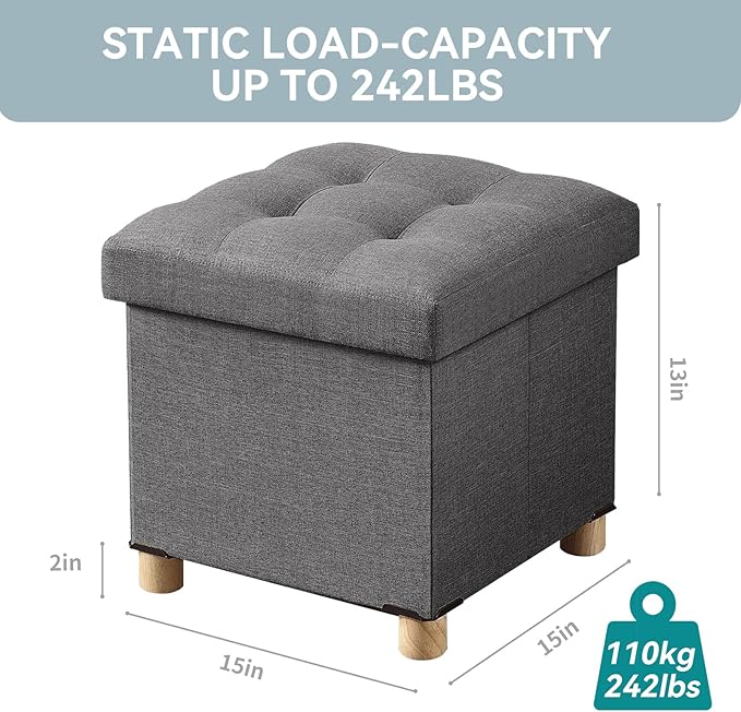 BRIAN & DANY Ottoman with Storage, Small Storage Ottoman for Dorm, Linen Folding Ottoman Foot Stool with Legs for Living Room and Bedroom, 15"x15"x15" - Gray