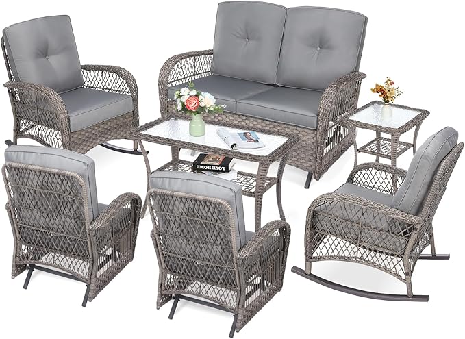 VIVIJASON 7-Piece Outdoor Patio Wicker Conversation Sets, All Weather Outdoor Rattan Furniture Set Includes Glider Loveseat, 2 Rocking Chairs, 2 Glider Rocker Chairs, 2 Coffee Table, Grey
