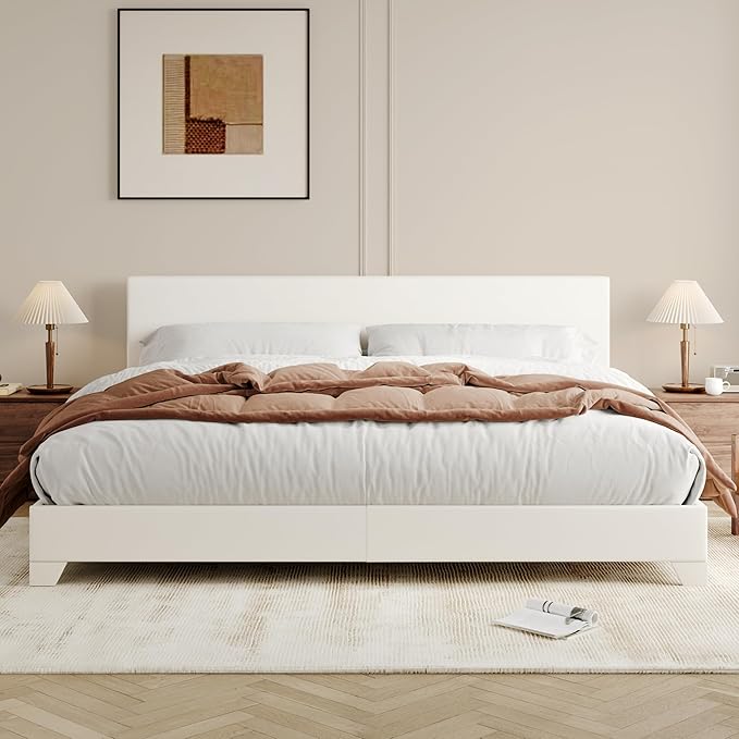 Allewie King Size Bed Frame with Adjustable Headboard, Faux Leather Platform Bed with Wood Slats, Heavy Duty Mattress Foundation, No Box Spring Needed, Noise-Free, Easy Assembly, White