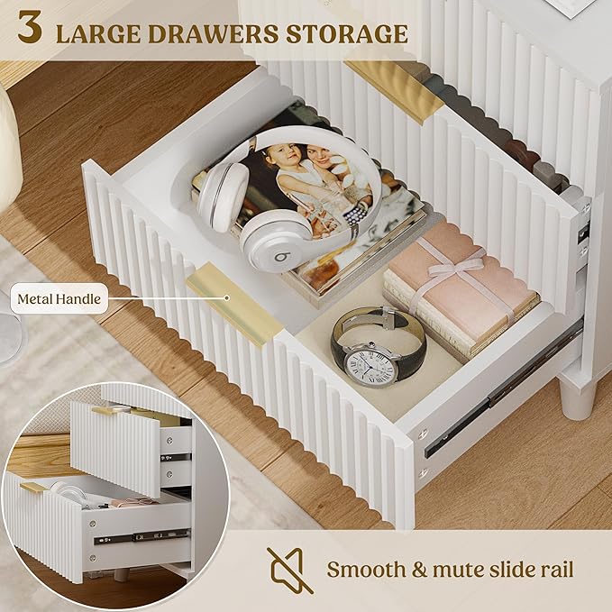 Lulive Wood Nightstand Set of 2 Fluted Dresser for Bedroom 3 Drawers Night Stand with Charging Station, Storage Modern Side Table White