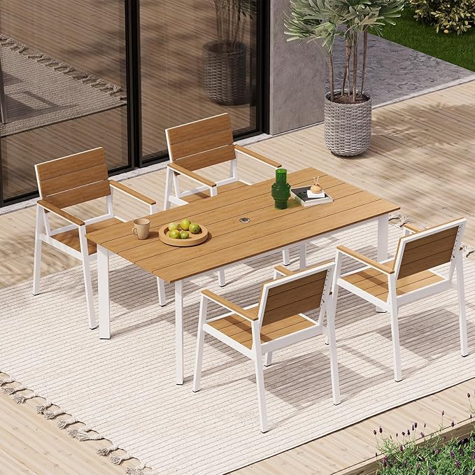 67" Rectangle HDPS Patio Dining Table, Aluminum Outdoor Patio Dining Table with Umbrella Hole, Weather-Resistant for Lawn, Garden, Yard, Poolside and Indoor Use, White & Teak