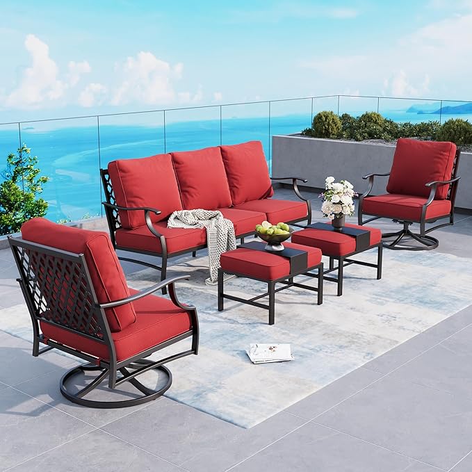 5 Piece Metal Outdoor Patio Furniture Sets, Patio Conversation Sets 1 3-seater Sofa, 2 Swivel Chairs, 2 Ottomans with 5.75" Thick Cushion, Black All-weather Backyard Furniture Set, Red