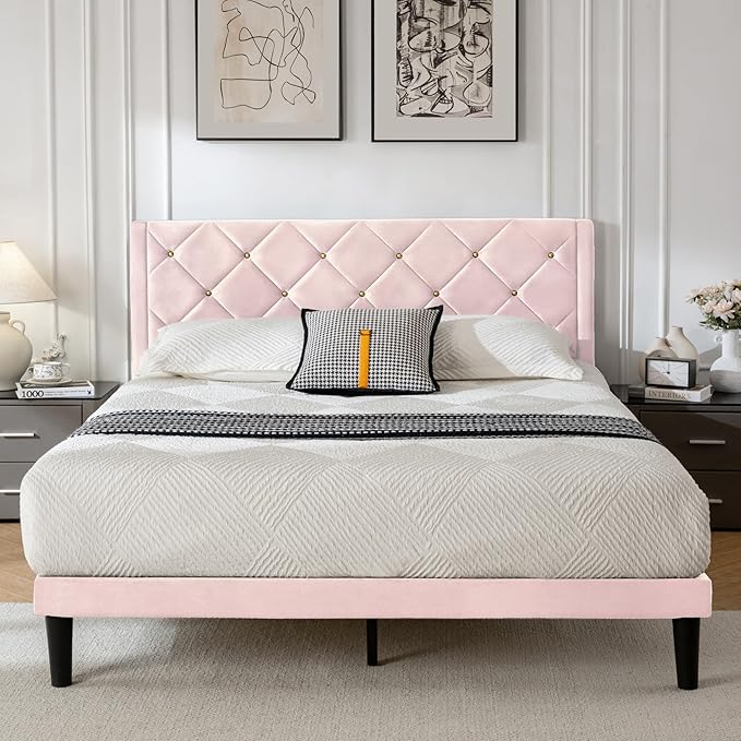 Queen Size Platform Bed Frame with Velvet Upholstered Headboard and Sturdy Wooden Slats Support,Mattress Foundation,Easy Assembly, No Box Spring Needed,Slip Resistant (Pink, Queen)