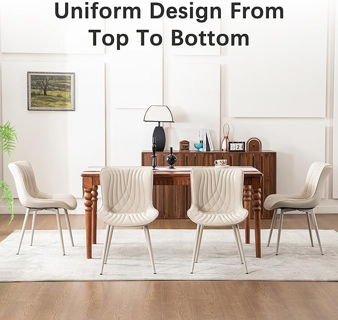 YOUTASTE Cream Dining Chairs Set of 2, Mid Century Modern Comfy Kitchen Chair, Upholstered Faux Leather, Cream Metal Legs, Armless Accent Chairs for Bedroom Vanity Lounge