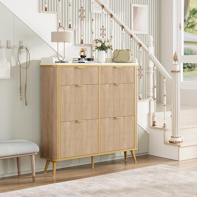 Fluted Shoe Storage Cabinet with 4 Flip Drawers & 2 Drawers, Freestanding Hidden Shoe Organizer with Adjustable Shelves, Wood Narrow Shoe Rack Cabinet for Entryway, Foyer, Hallway, Natural Oak