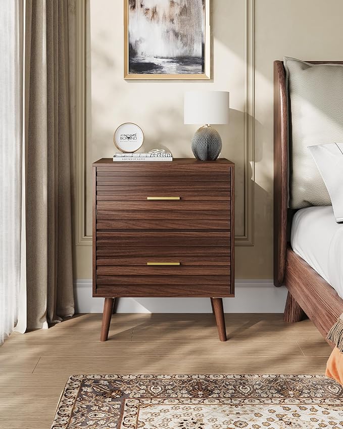 WLIVE Wood Night Stand Set of 2 with 2 Drawers, Mid Century Modern Nightstand Sets, Fluted Bed Side Tables for Bedroom, Dorm, Living Room End Table