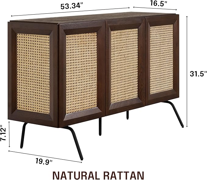 NTC MOSSIC Modern Sideboard with 3 Doors, Natural Rattan Storage Cabinet, Buffet with Metal Legs, Boho Accent Cabinet for Living Room, and Entryway, Effortless Assembly - Dark Walnut
