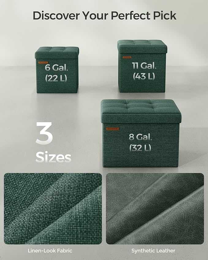 SONGMICS Foldable Small Ottoman Foot Rest, 11.8 Inches Foot Stool, Cube Ottoman with Storage, Load up to 286 lb, Retro Green ULSF028C01
