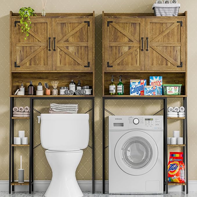 Vabches Over The Toilet Storage Cabinet, Farmhouse Storage Cabinet Over Toilet with Barn Doors & Toilet Paper Holder Stand,Home Space-Saving Toilet Rack, for Restroom, Laundry and Bathroom