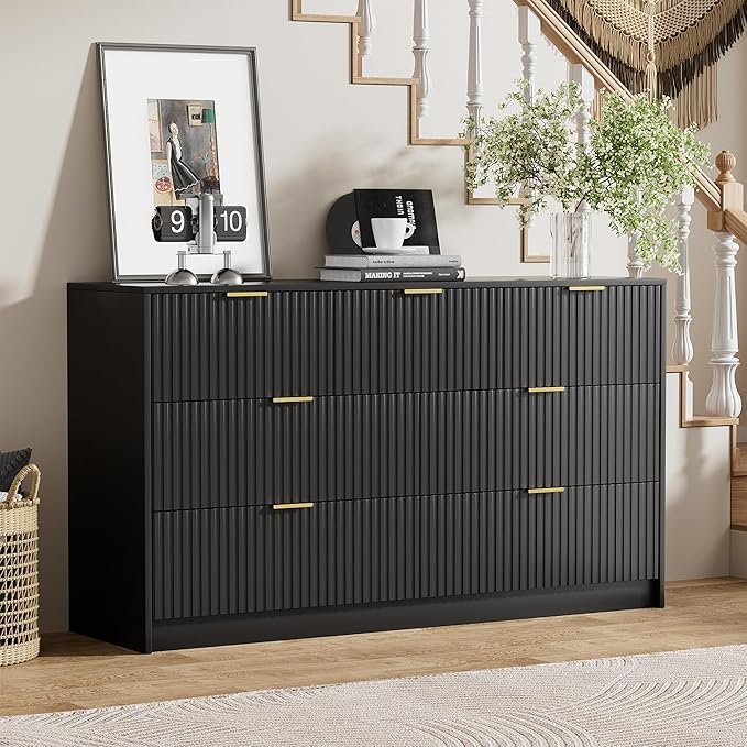 Black Dresser for Bedroom, Modern Dresser with 7 Drawers and Smooth Slides, Wide Chest of Drawers with Golden Handles for Bedroom, Living Room, Closet, 15.7" D x 55.1" W x 31.4" H