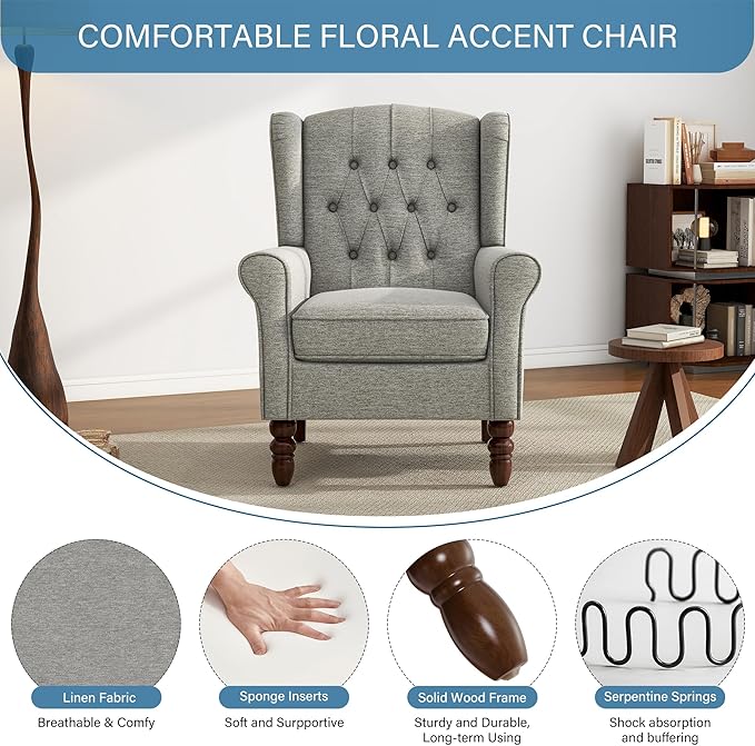 UIXE High Back Accent Chair, Upholstered Armchair in Fabric, Retro Wingback Arm Chair for Living Room, Comfy Single Sofa Bedroom Reading Seat with Solid Wood Legs - Light Gray