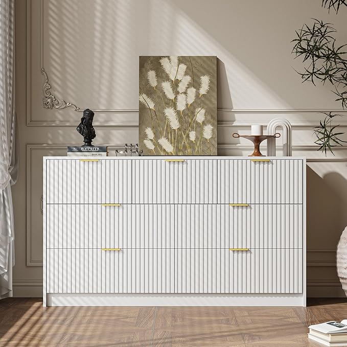 White 7 Drawer Dresser for Bedroom, Modern Fluted Dresser with Gold Metal Handles, Wide Chest of Drawers for Bedroom,Living Room, Entryway, Hallway, 55.9" L x 15.7" D x 31.4" H