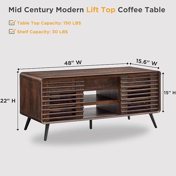 RedLemon 48" Lift Top Coffee Table with Slatted Sliding Door, Mid Century Modern Center Table with Hidden Storage Compartment,Lifting Tabletop & Adjustable Shelf for Living Room, Office, Dark Walnut