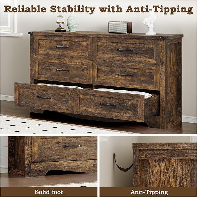 6-Drawer Dresser for Bedroom, Modern Wooden Chest of Drawers with Metal Handles, Anti-Tipping Design, Sturdy and Stable Storage Organizer for Living Room, Entryway, Home Office