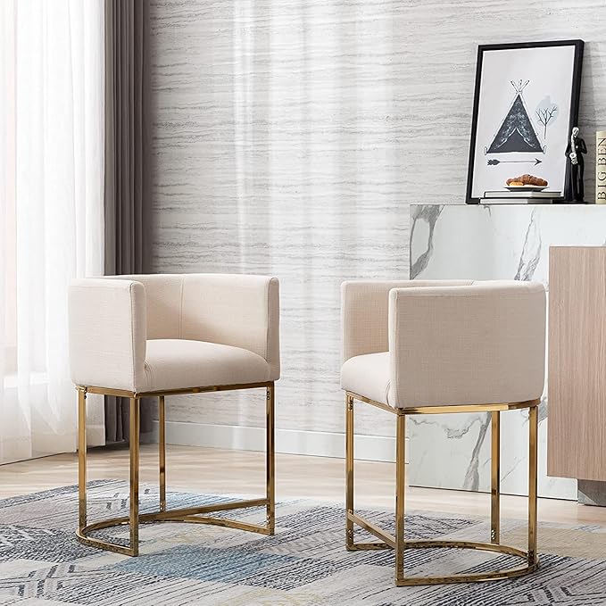 Contemporary Cream Linen Bar Stool, 24" Upholstered Fabric Counter Height Barstool Kitchen Counter Island Stool with Golden Metal Base, Cream