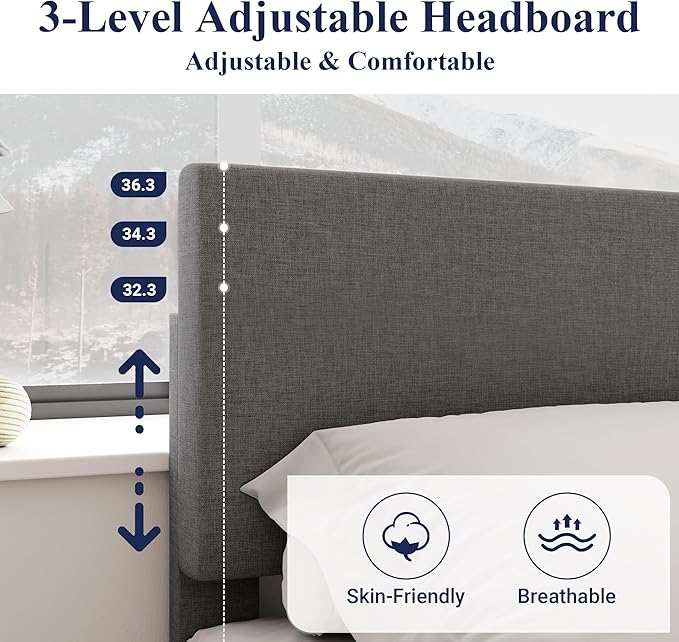 Allewie Queen Bed Frame with Adjustable Headboard, Upholstered Platform Bed with Wood Slats, Heavy Duty Mattress Foundation, No Box Spring Needed, Noise-Free, Easy Assembly, Dark Grey
