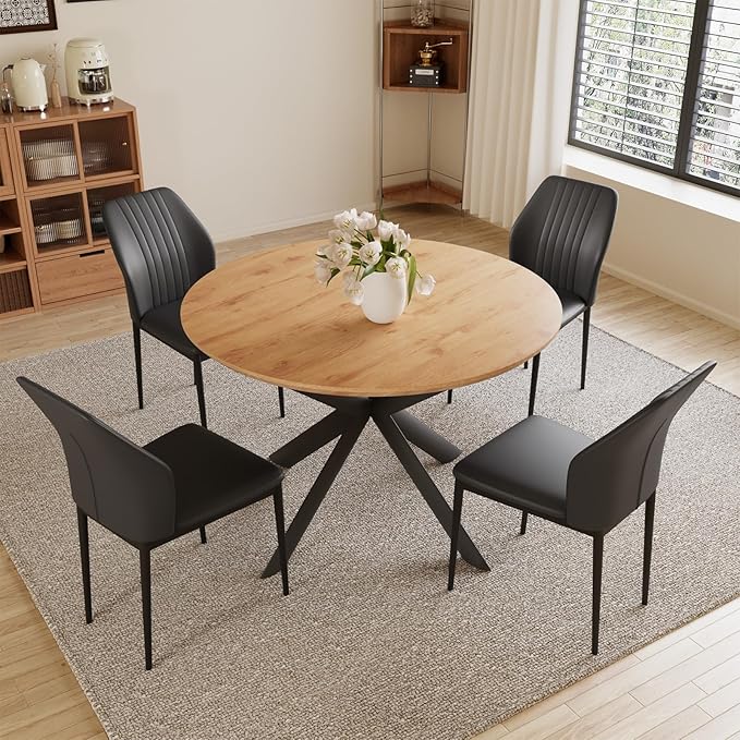 43.2"-59.1" Extendable Round Dining Table Set, Wooden Round Table for 4-6 Person, Oak Coffee Table w/Scratch-Resistant Tabletop