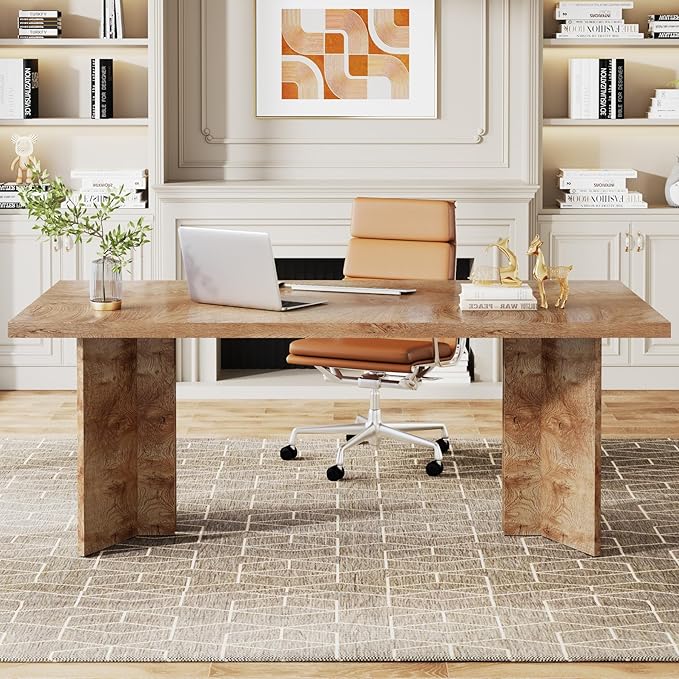Tribesigns 63-inch Executive Desk, Vintage Home Office Computer Desk with Large Tabletop, Farmhouse Wood Writing Conference Table Workstation for Office, Study, Light Oak Brown