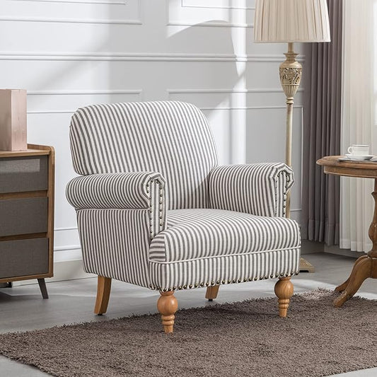 Linen Accent Chairs Set of 2 Mid-Century Modern Living Room Armchair with Nailhead Trim & Wood Legs Comfy Upholstered Single Sofa Chair for Lounge/Bedroom/Reception, Black Stripe