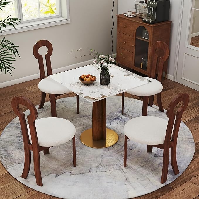 Sintered Stone Square Office Table and Chair Set - Meeting Table for Small Offices (Walnut Leg and Pandora Top, 1 Table and 4 Chairs)