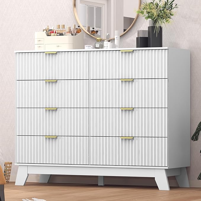 Fluted Dresser for Bedroom,8 Drawer Dresser for Closet,Storage Cabinet and Chest of Drawers with Gold Handle,TV Stand,Storage Organizer for Living Room,Hallway,Entryway,White