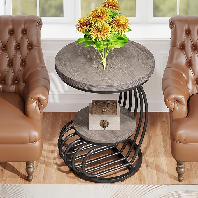 Tribesigns Round End Table: 2 Tiers Wood Side Table with Storage Shelf, Rustic Gray Bedside Nightstand, Metal Arc-Shaped Frame Accent Table for Living Room, Bedroom
