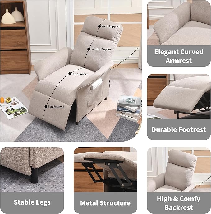 Power Recliner Chair, Adjustable Electric Recliner Chairs for Adults, Sleeper Sofa Bed with Remote Control & Side Pocket, Linen Upholstered Chair for Living Room/Bedroom, Easy Assembly,Brown