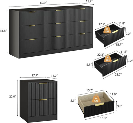 3-Piece Modern Bedroom Furniture Set, Wide 9-Drawer Dresser & 2-Drawer Nightstands Set of 2, Natural Wood Dresser and Nightstand Sets for Bedroom, Hallway, Black