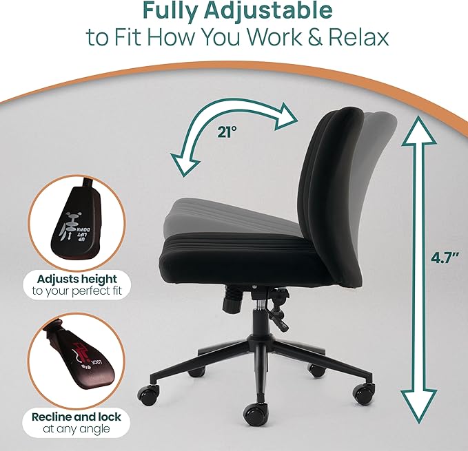 NYPOT Armless Desk Chair with Wheels for Criss Cross Sitting - Cross Legged Wide Armless Chair - Adjustable Vanity 360° Swivel Stool and 120° Rocking Wide Seat Comfy for Home and Office, Black Velvet