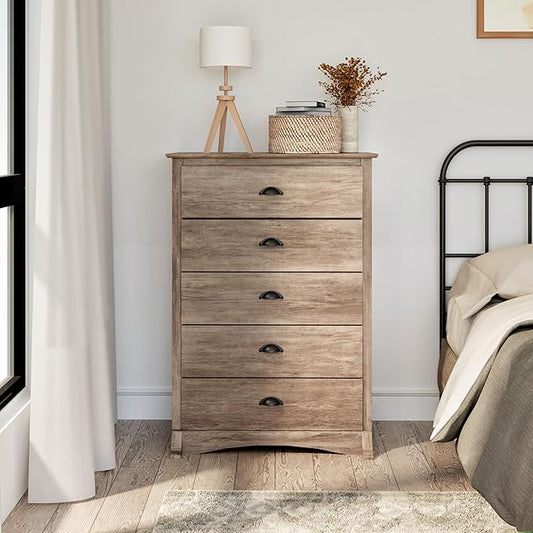 Prepac Sonoma Rustic 5-Drawer Tall Dresser for Bedroom, Farmhouse Dresser Chest of Drawers 17.75" D x 31.5" W x 44.75" H, Drifted Gray